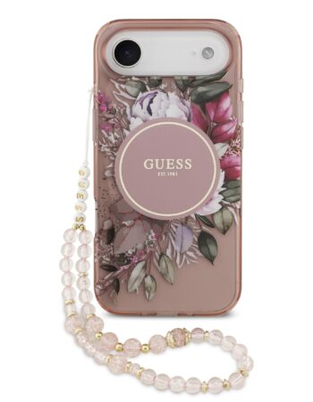 GUESS Калъф Apple iPhone 17 Air, IML Flowers Allover MagSafe + Wrist Strap, розов - GUHMP17MHFWBRCESP