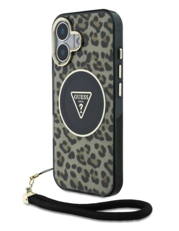 GUESS Калъф Apple iPhone 16, IML Leopard Triangle Logo Strap MagSafe, кафяв - GUHMP16SHLORSSW