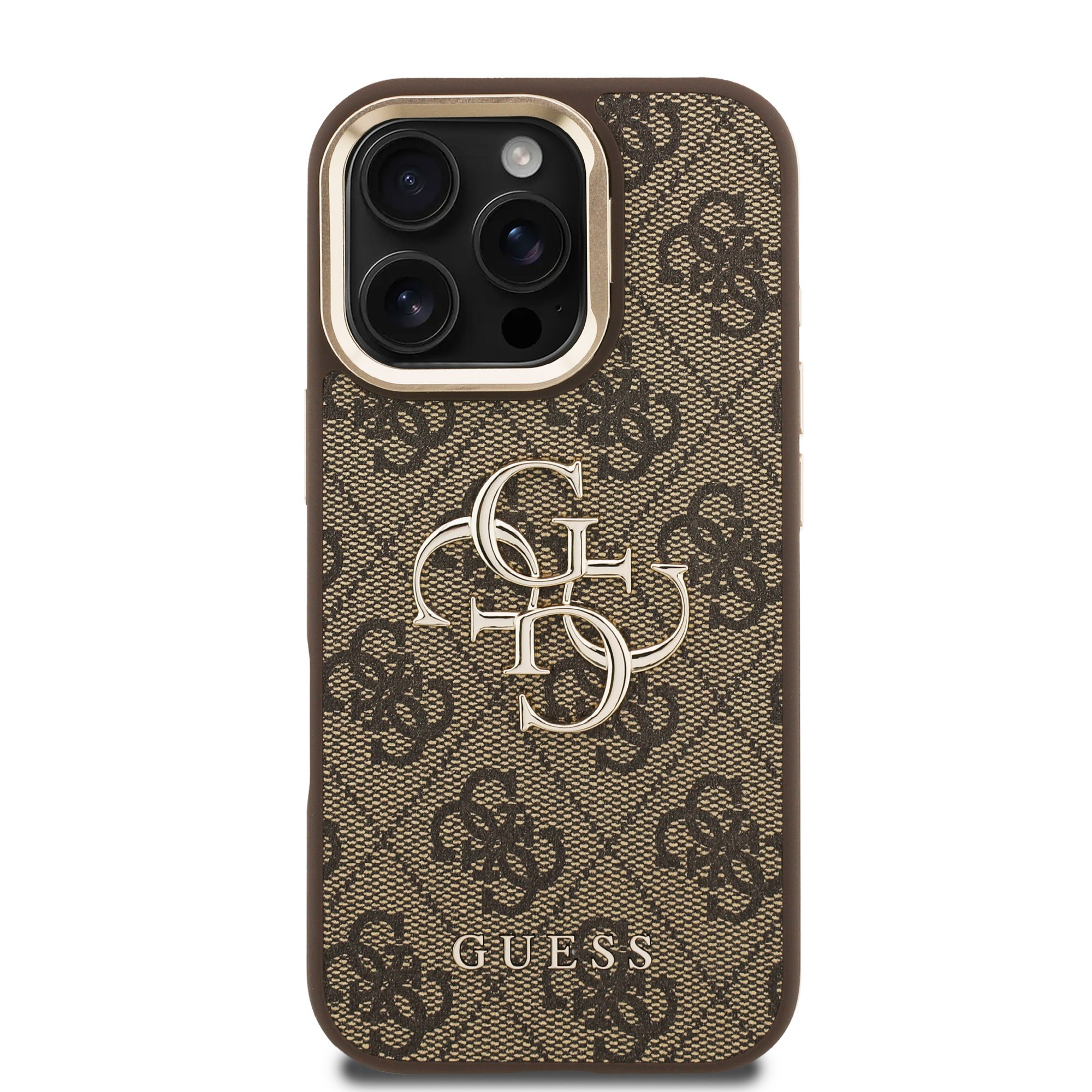 GUESS Калъф Apple iPhone 16 Pro, PU 4G Metal Logo Stand Camera Frame, кафяв - GUHCP16LPCS4GP4W – снимка 3