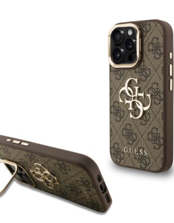 GUESS Калъф Apple iPhone 16 Pro, PU 4G Metal Logo Stand Camera Frame, кафяв - GUHCP16LPCS4GP4W