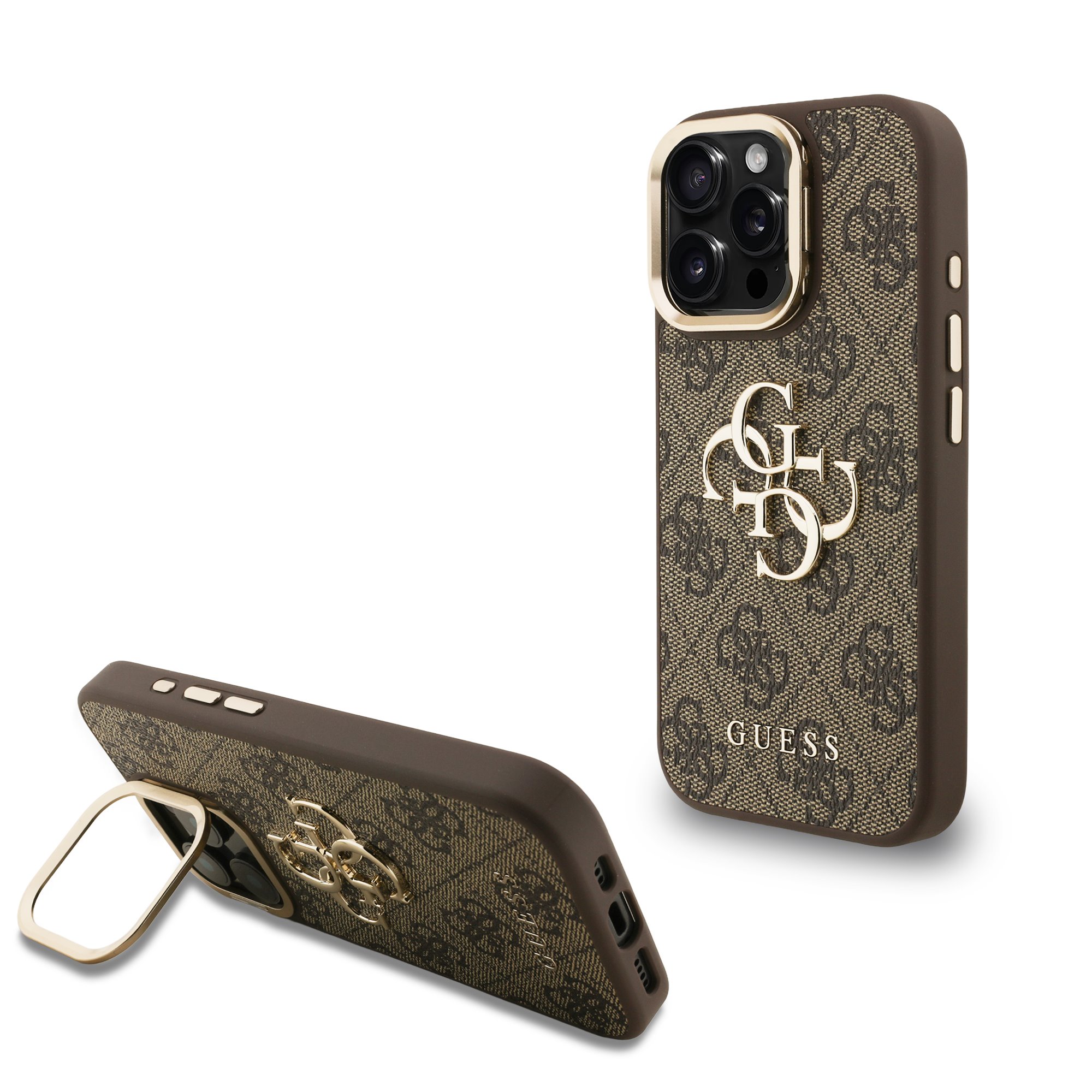 GUESS Калъф Apple iPhone 16 Pro, PU 4G Metal Logo Stand Camera Frame, кафяв - GUHCP16LPCS4GP4W