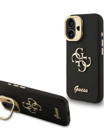 GUESS Калъф Apple iPhone 16, PU Grained 4G Logo Stand Camera Frame, черен - GUHCP16SPCS4GSK