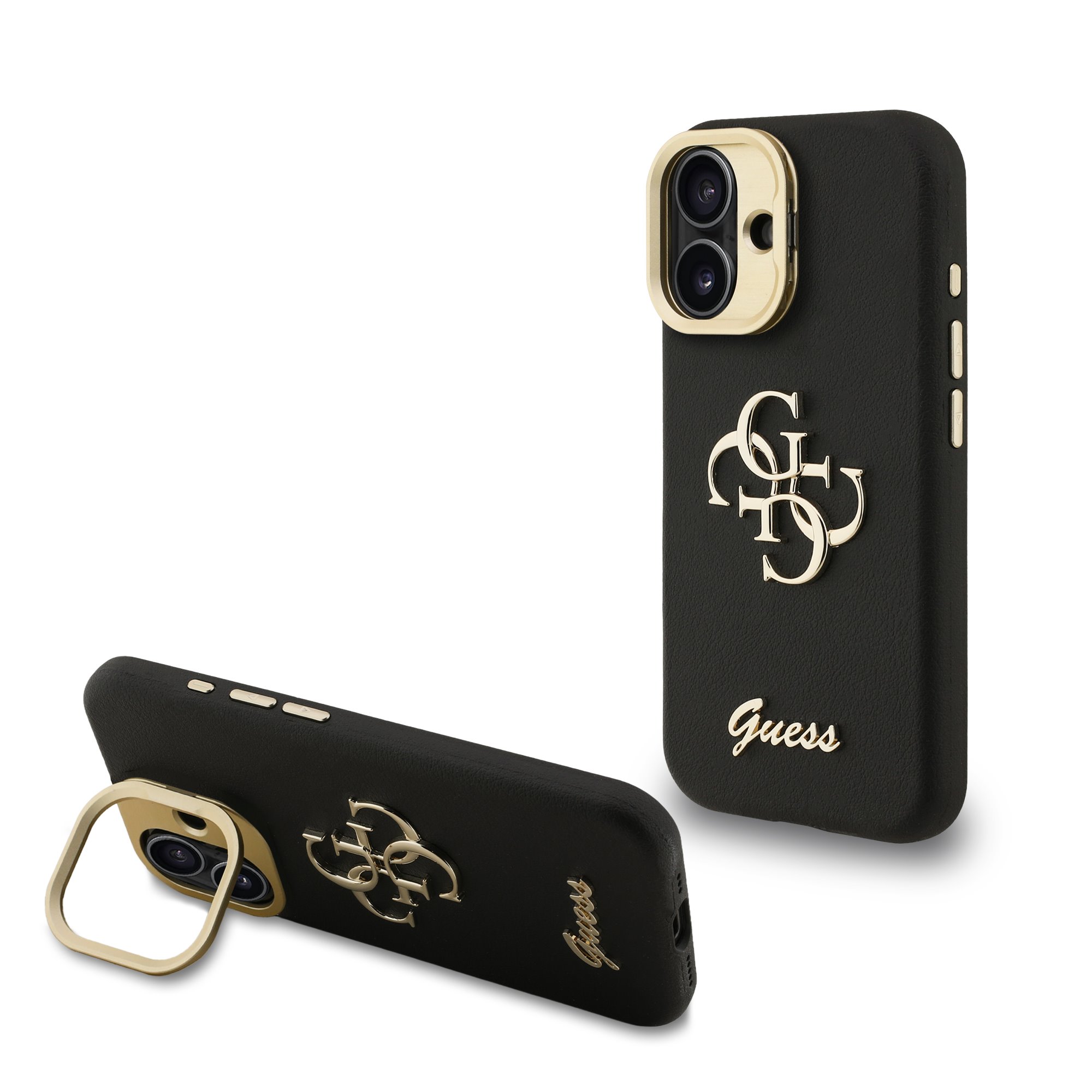 GUESS Калъф Apple iPhone 16, PU Grained 4G Logo Stand Camera Frame, черен - GUHCP16SPCS4GSK