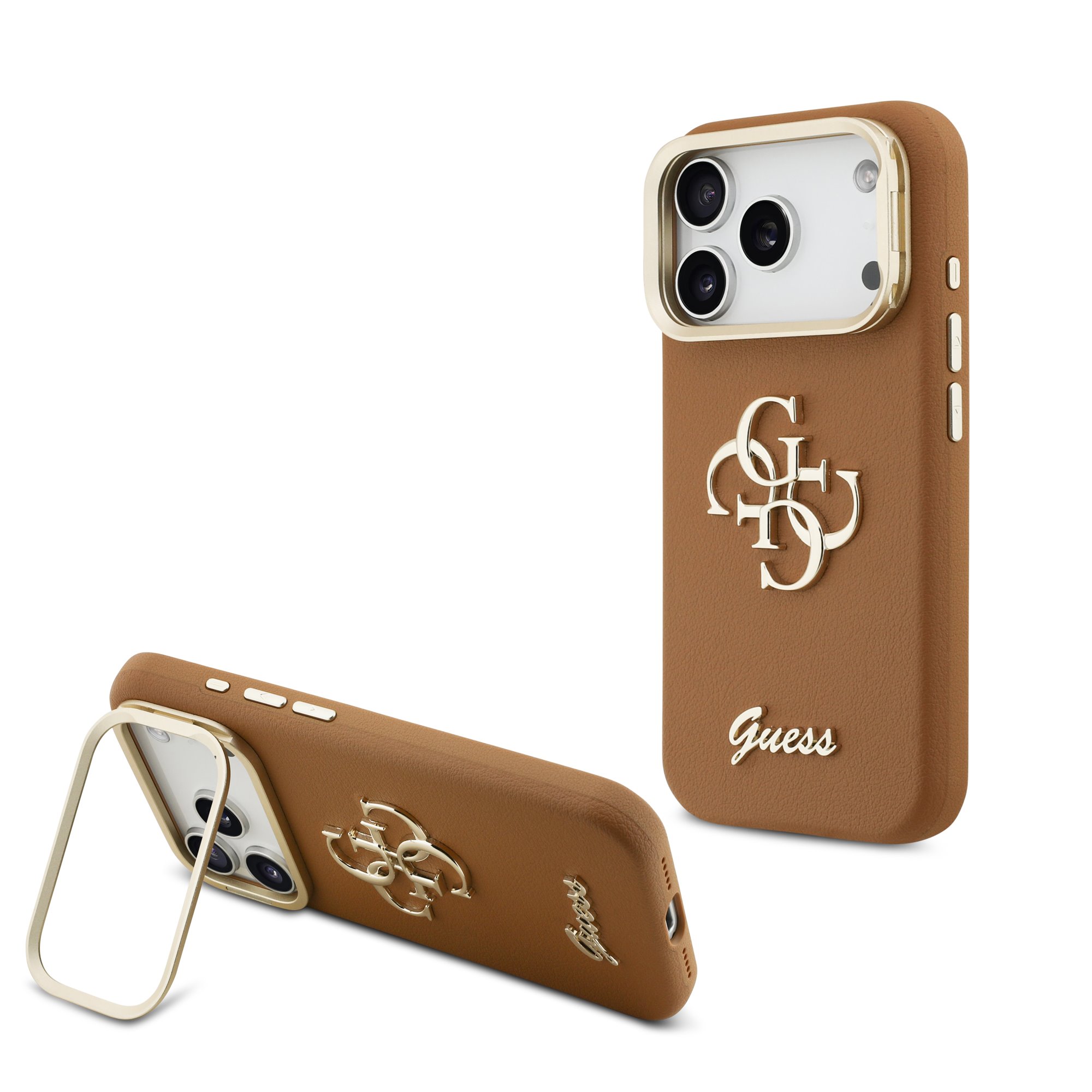 GUESS Калъф Apple iPhone 17 Pro, PU Grained 4G Logo Stand Camera Frame, кафяв - GUHCP17LPCS4GSW