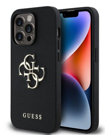 GUESS Калъф Apple iPhone 14 Pro, PU Grained 4G Metal Logo, черен - GUHCP14LPGT4MBK