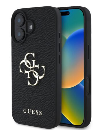 GUESS Калъф Apple iPhone 16, PU Grained 4G Metal Logo, черен - GUHCP16SPGT4MBK