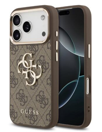 GUESS Калъф Apple iPhone 17 Pro, PU Leather 4G Metal Logo Gold Frame, кафяв - GUHCP17L4GMGCBR