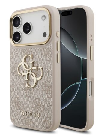 GUESS Калъф Apple iPhone 17 Pro, PU Leather 4G Metal Logo Gold Frame, розов - GUHCP17L4GMGCPI