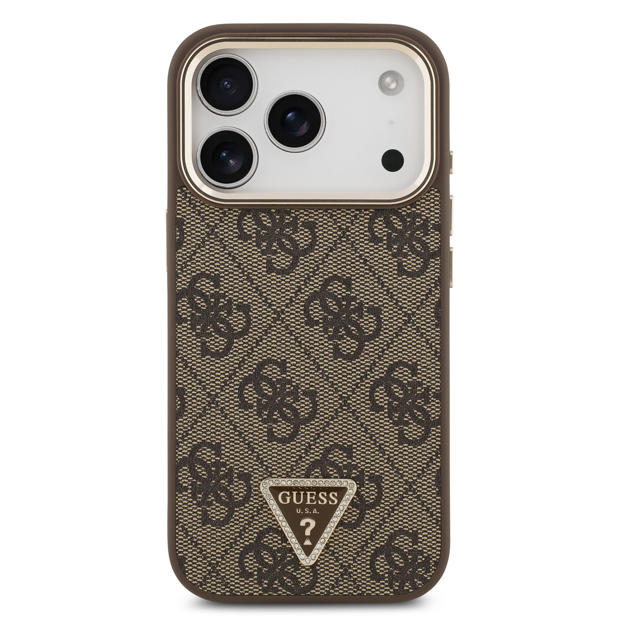 GUESS Калъф Apple iPhone 17 Pro, PU 4G Strass Triangle Logo Gold Frame MagSafe ,кафяв - GUHMP17LP4GTDGMW – снимка 3