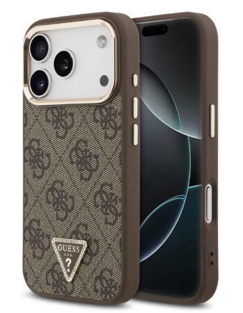GUESS Калъф Apple iPhone 17 Pro, PU 4G Strass Triangle Logo Gold Frame MagSafe ,кафяв - GUHMP17LP4GTDGMW