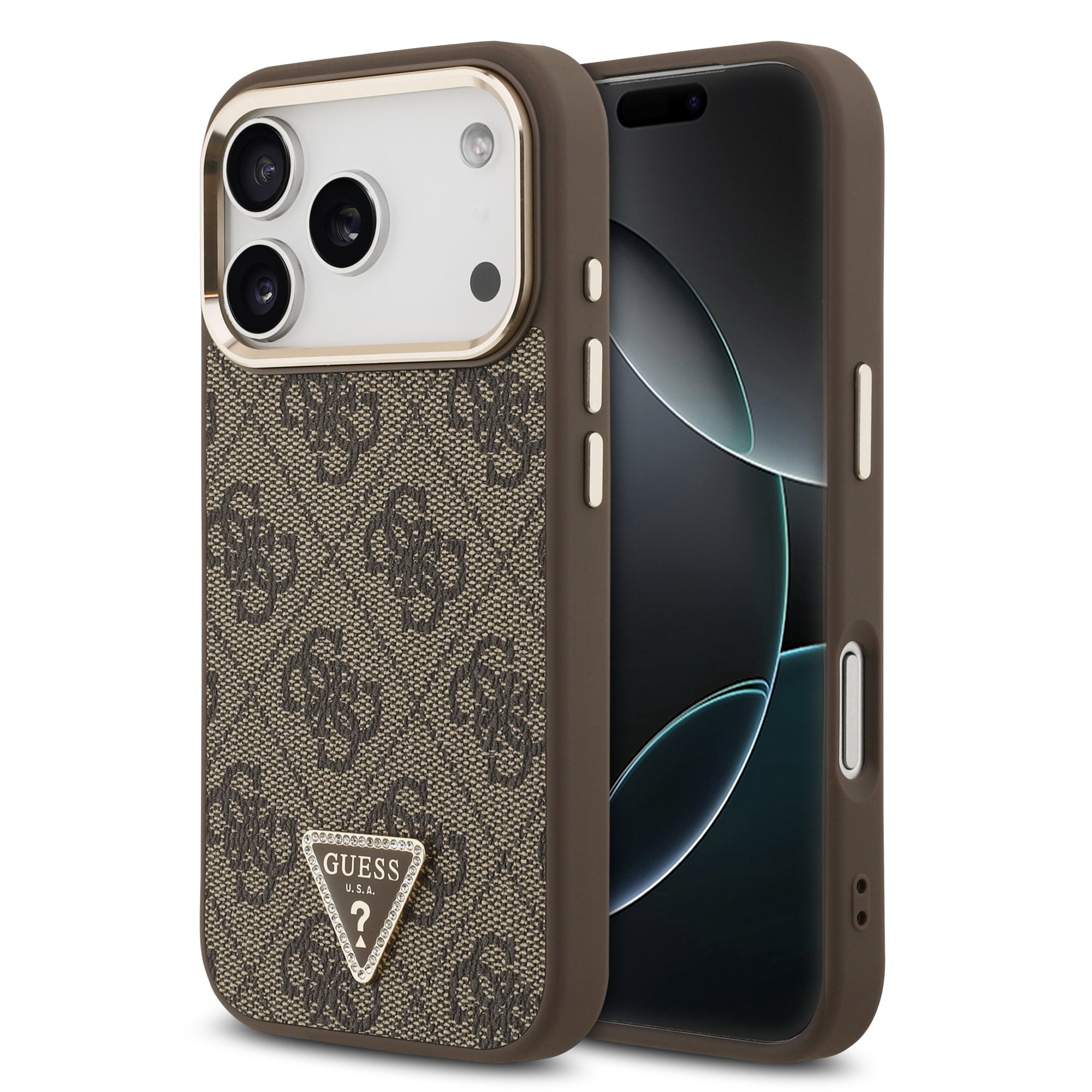 GUESS Калъф Apple iPhone 17 Pro, PU 4G Strass Triangle Logo Gold Frame MagSafe ,кафяв - GUHMP17LP4GTDGMW