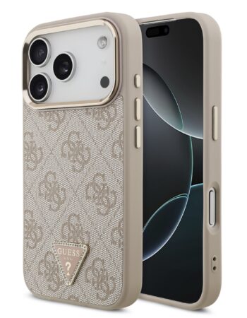 GUESS Калъф Apple iPhone 17 Pro, PU 4G Strass Triangle Logo Gold Frame MagSafe ,розов - GUHMP17LP4GTDGMP