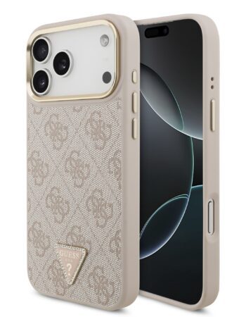 GUESS Калъф Apple iPhone 17 Pro Max, PU Leather 4G Triangle Logo Gold Frame MagSafe, розов - GUHMP17XP4GTDGMP