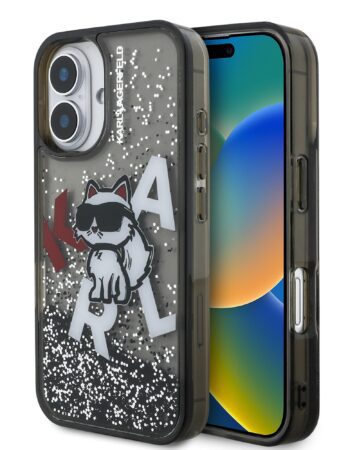Karl Lagerfeld Калъф Apple iPhone 16, Liquid Glitter Scattered Choupette /черен/ - KLHCP16SLCHSCTDK