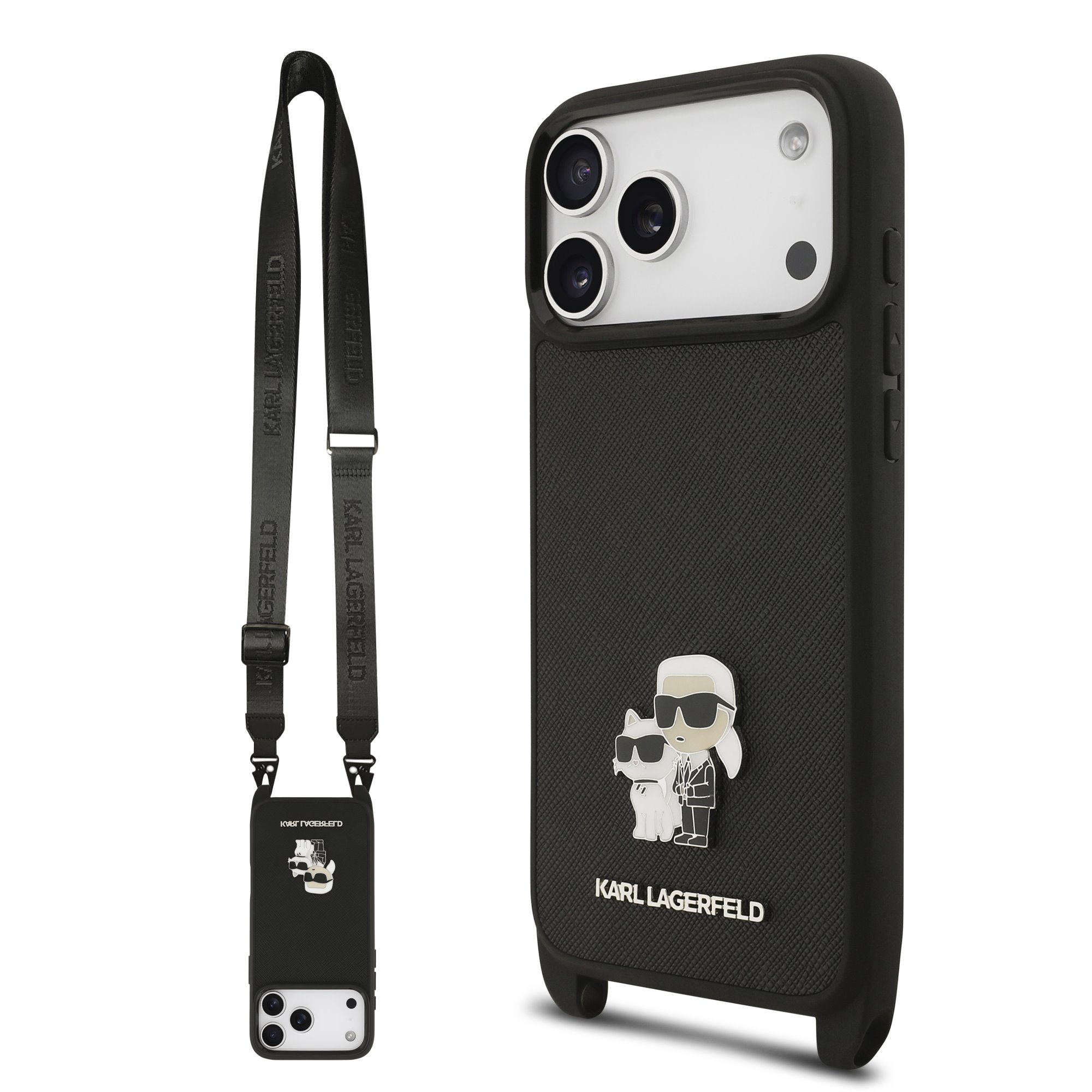 Karl Lagerfeld Калъф Apple iPhone 17 Pro, Saffiano Metal K/C + Crossbody Strap /черен/ - KLHCP17LSAKCPBK
