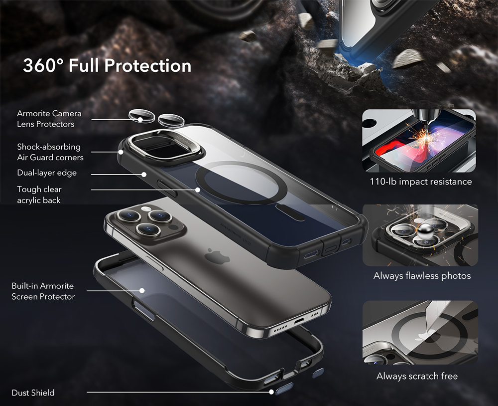 ESR Калъф Armor Tough със стойка 360, iPhone 15 Pro Max, MagSafe /прозрачно + черно/ – снимка 2