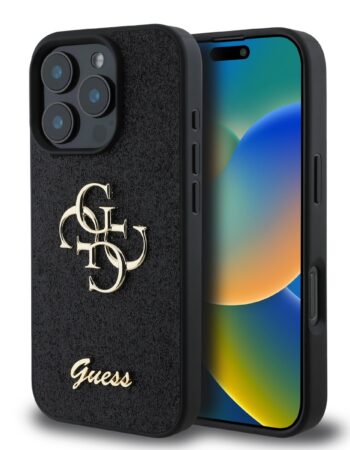 GUESS Калъф Apple iPhone 16 Pro Max, PU Fixed Glitter 4G Metal Logo, черен - GUHCP16XHG4SGK