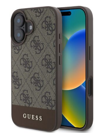 GUESS Калъф Apple iPhone 16, PU 4G Stripe, кафяв - GUHCP16SG4GLBR