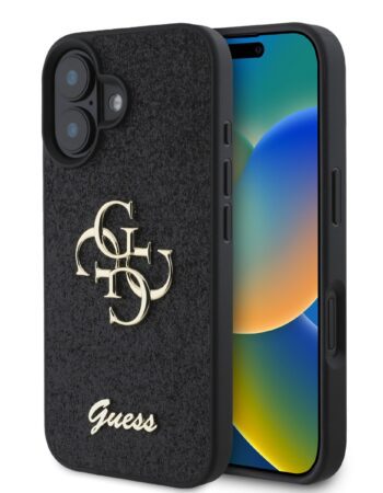 GUESS Калъф Apple iPhone 16, PU Fixed Glitter 4G Metal Logo, черен - GUHCP16SHG4SGK