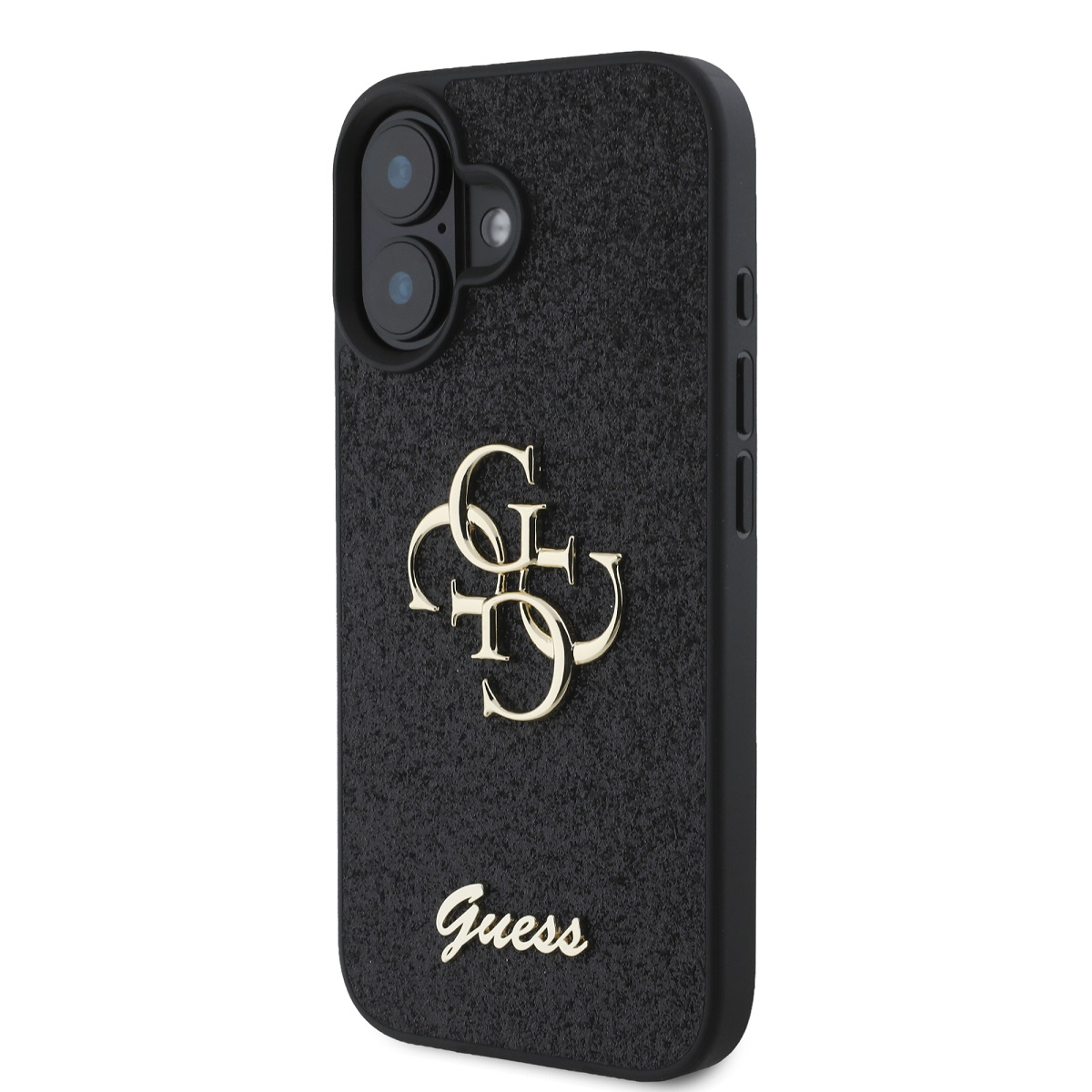 GUESS Калъф Apple iPhone 16, PU Fixed Glitter 4G Metal Logo, черен - GUHCP16SHG4SGK – снимка 3
