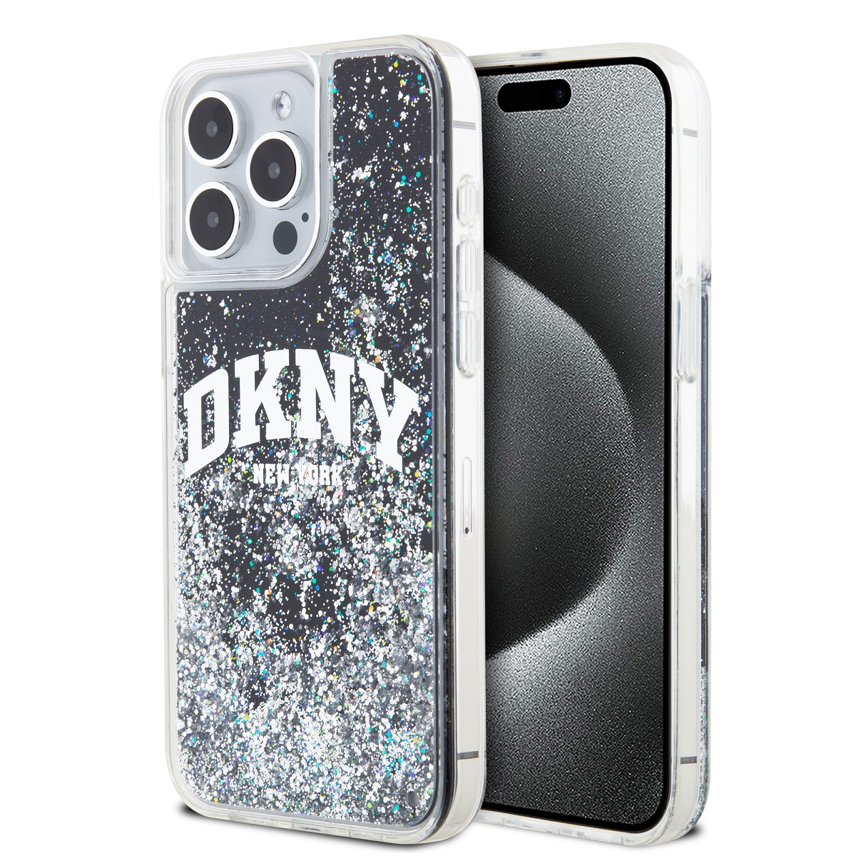 DKNY Калъф Apple iPhone 15 Pro, Liquid Glitter Arch Logo, черен - DKHCP15LLBNAEK