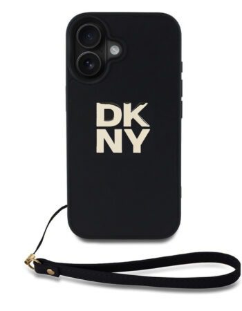 DKNY Калъф Apple iPhone 16, PU Leather Stack Logo + Wrist Strap, черен - DKHCP16SPBSWSK