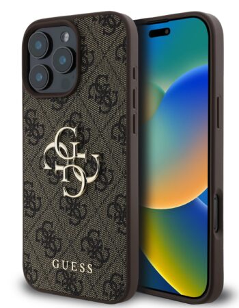 GUESS Калъф Apple iPhone 16 Pro Max, PU 4G Metal Logo, кафяв - GUHCP16X4GMGBR