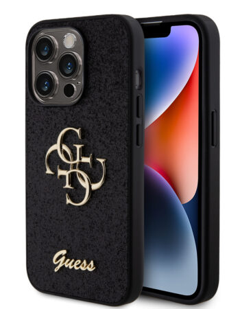 GUESS Калъф Apple iPhone 15 Pro, PU Fixed Glitter 4G Metal Logo, черен - GUHCP15LHG4SGK