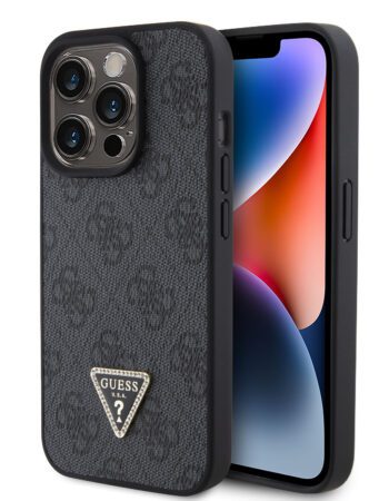 GUESS Калъф Apple iPhone 15 Pro Max, PU 4G Strass Triangle Metal Logo Case, сив - GUHCP15XP4TDPK
