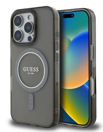 GUESS Калъф Apple iPhone 16 Pro Max, IML Glitter Ring MagSafe, черен - GUHMP16XHFGEREK