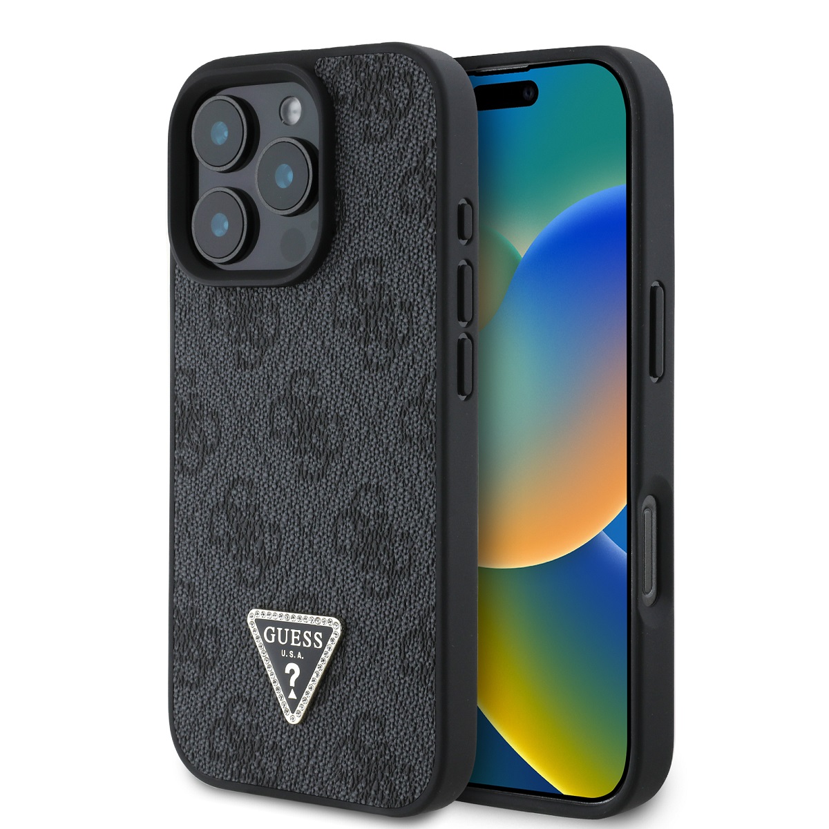 GUESS Калъф Apple iPhone 16 Pro, PU 4G Strass Triangle Metal Logo, черен - GUHCP16LP4TDPK