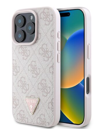 GUESS Калъф Apple iPhone 16 Pro Max, PU 4G Strass Triangle Metal Logo, розов - GUHCP16XP4TDPP