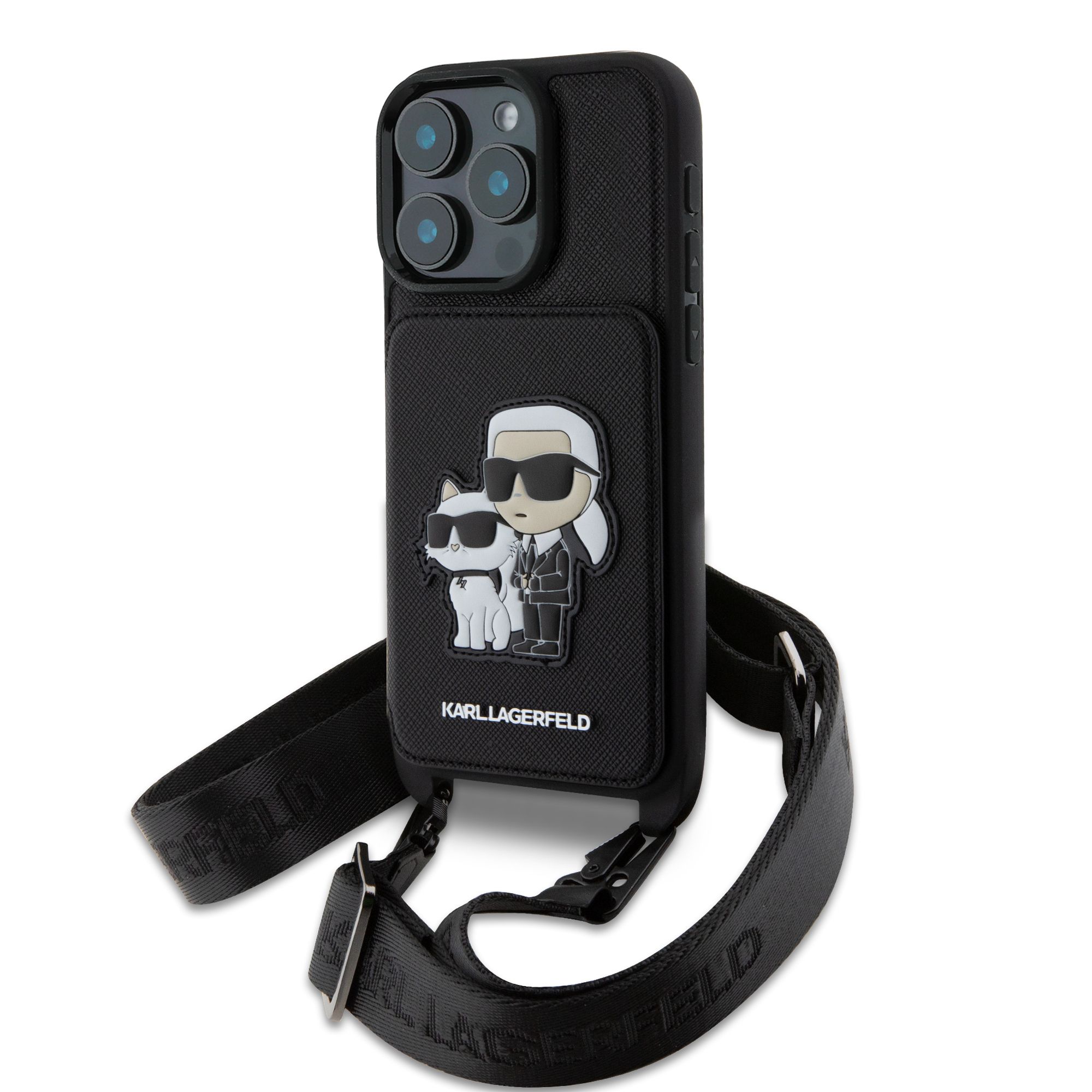 Karl Lagerfeld Калъф Apple iPhone 16 Pro, Saffiano Crossbody Strap K/C /черен/ - KLHCP16LCSAKCPMK