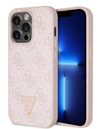 GUESS Калъф Apple iPhone 15, PU 4G Strass Triangle Metal Logo, розов - GUHCP15SP4TDPP