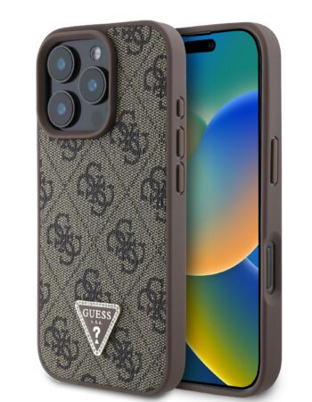 GUESS Калъф Apple iPhone 16 Pro, PU 4G Strass Triangle Metal Logo, кафяв - GUHCP16LP4TDPW