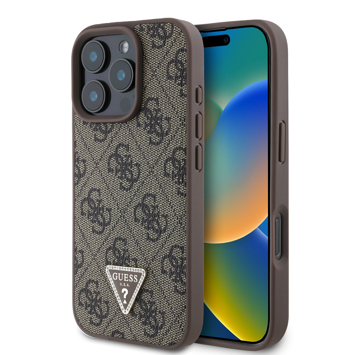 GUESS Калъф Apple iPhone 16 Pro, PU 4G Strass Triangle Metal Logo, кафяв - GUHCP16LP4TDPW