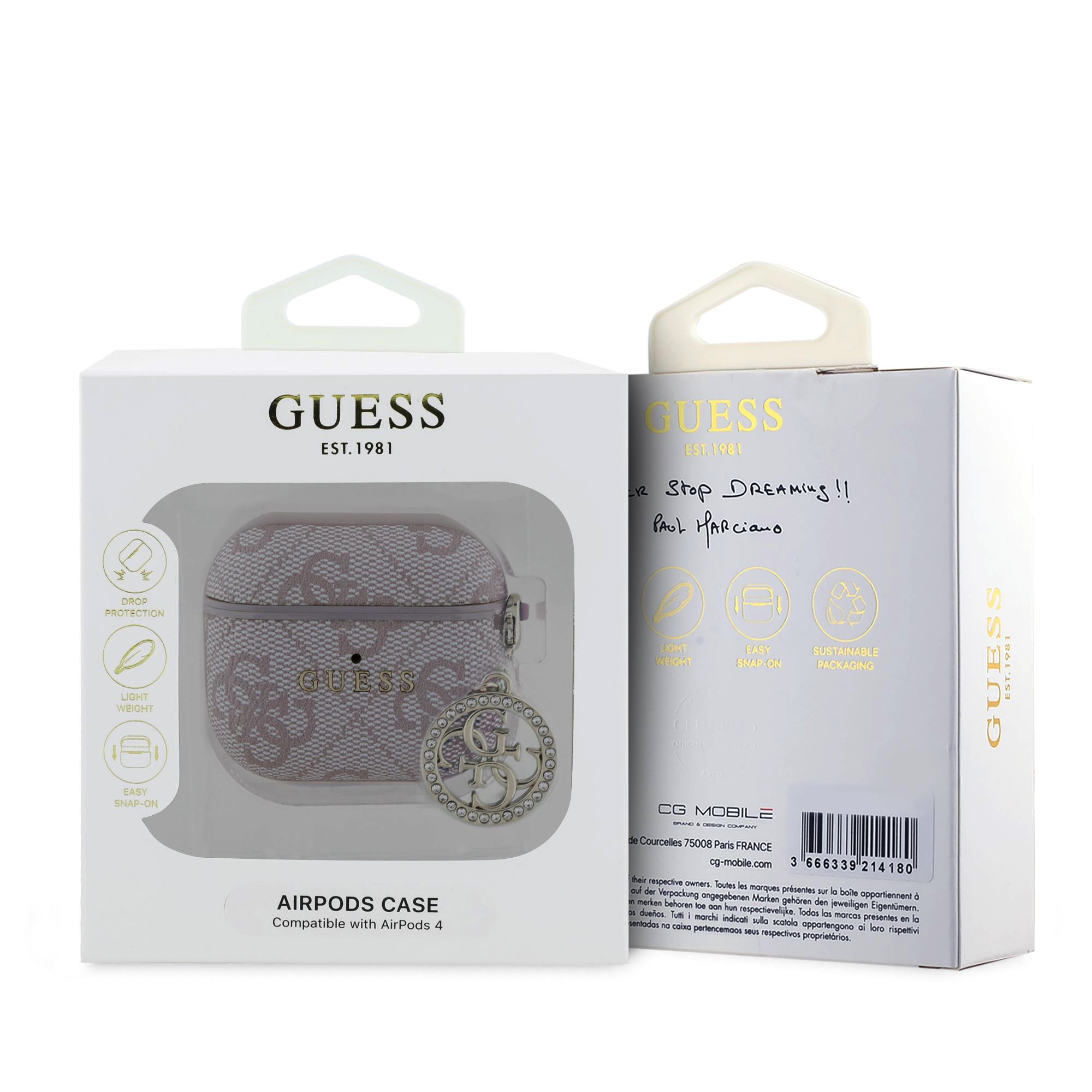 GUESS Калъф Airpods 4, 4G Script PC/PU Charm, розов - GUA4P4E4CDP