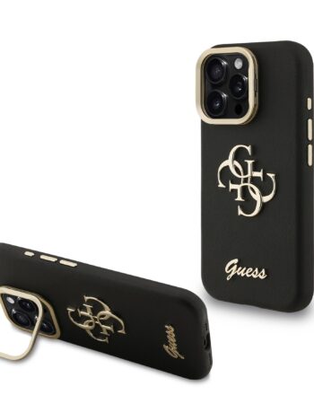 GUESS Калъф Apple iPhone 15 Pro, PU Grained 4G Logo Stand Camera Frame, черен - GUHCP15LPCS4GSK