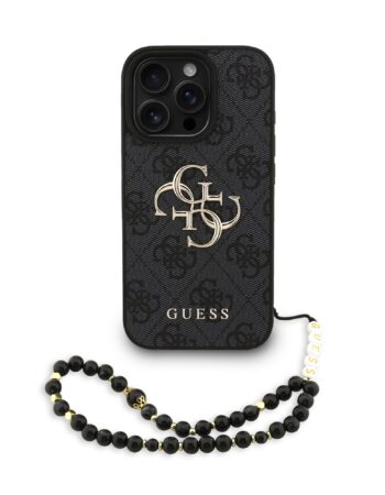 GUESS Калъф Apple iPhone 16 Pro Max, PU 4G Metal Logo + Wrist Strap, черен - GUHCP16XP4GMGSK
