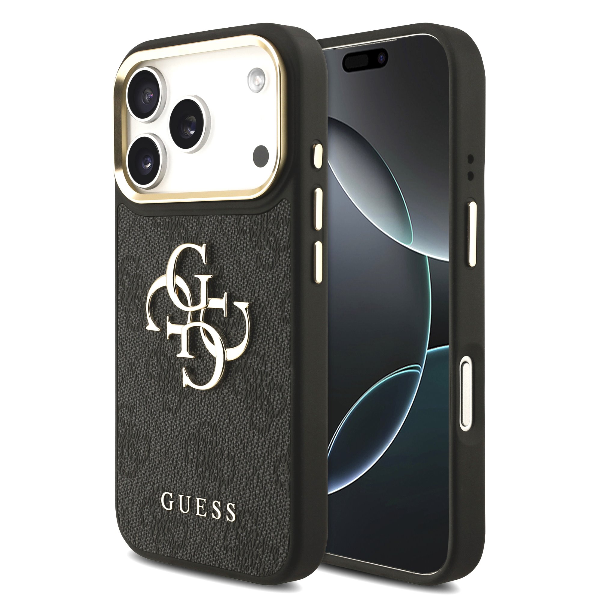GUESS Калъф Apple iPhone 18 Pro, PU Leather 4G Metal Logo Gold Frame, черен - GUHCP18L4GMGCGR