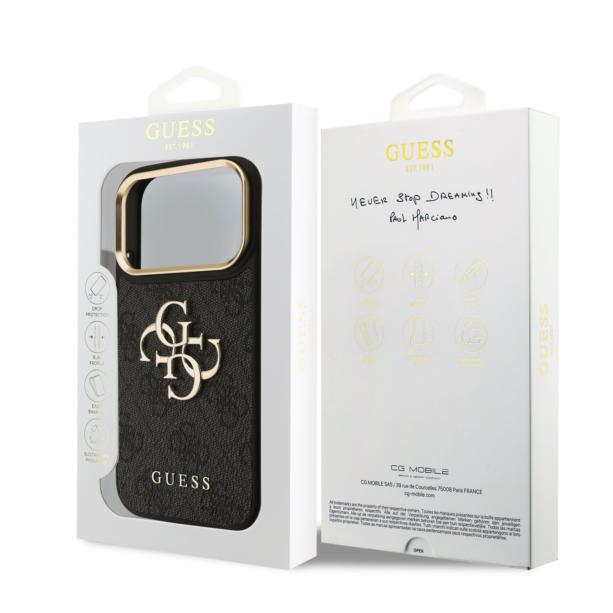 GUESS Калъф Apple iPhone 18 Pro Max, PU Leather 4G Metal Logo Gold Frame, черен - GUHCP18X4GMGCGR