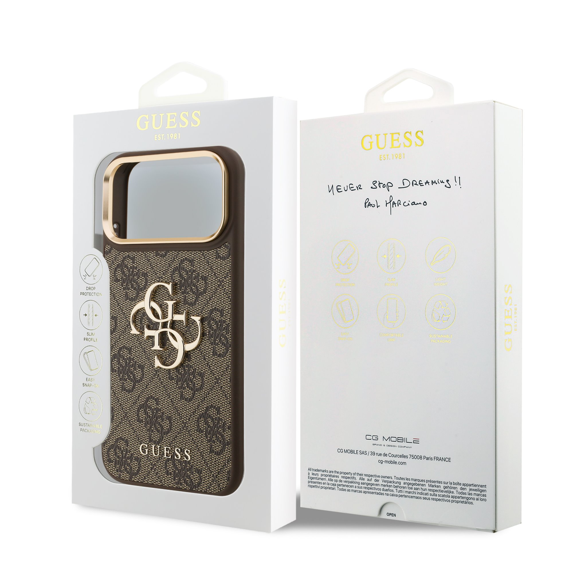 GUESS Калъф Apple iPhone 18 Pro Max, PU Leather 4G Metal Logo Gold Frame, кафяв - GUHCP18X4GMGCBR