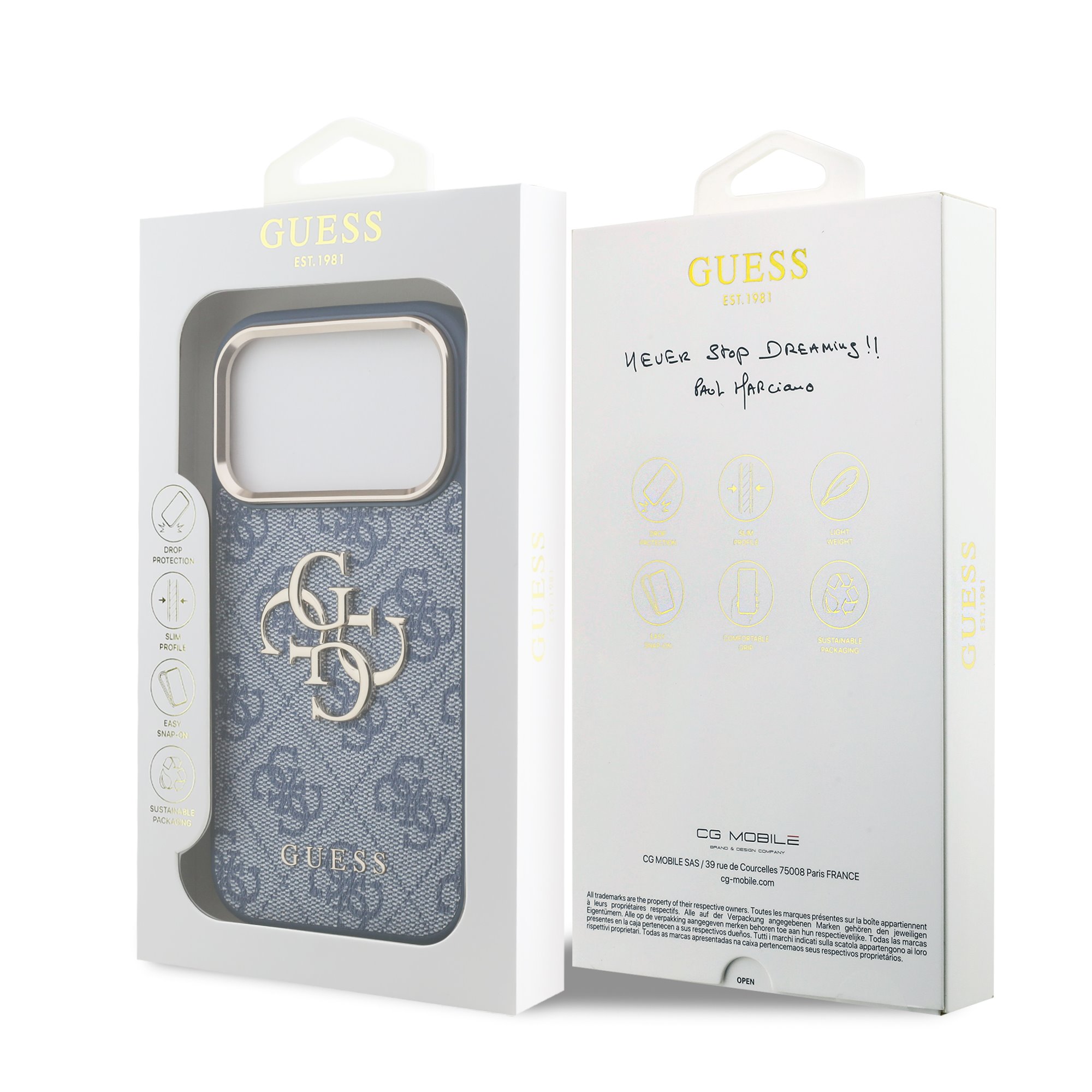 GUESS Калъф Apple iPhone 18 Pro, PU Leather 4G Metal Logo Gold Frame /син/ - GUHCP18L4GMGCBL