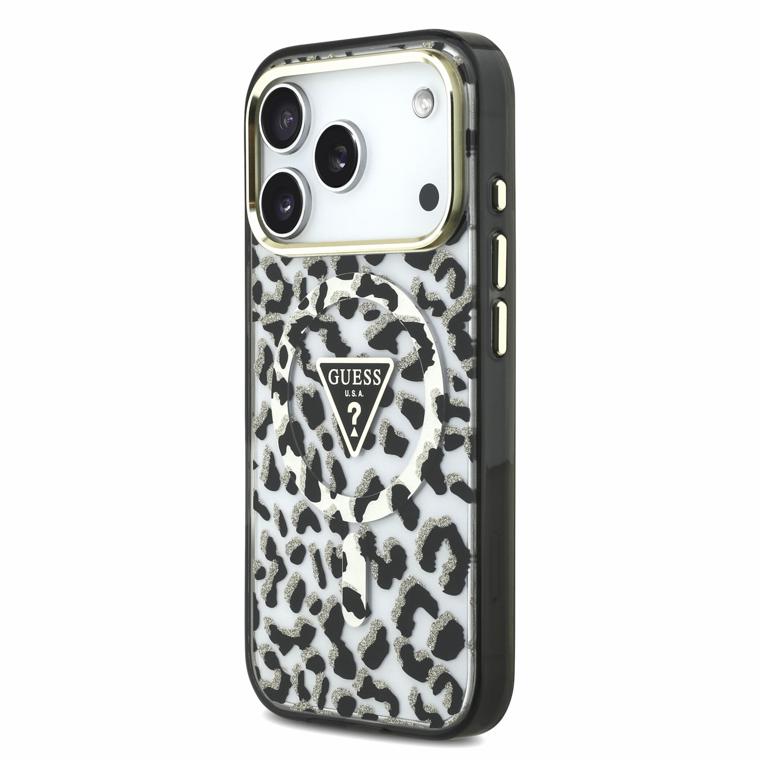 GUESS Калъф Apple iPhone 18 Pro Max/ 17 Pro Max, IML Glitter Leopard Triangle Logo MagSafe /черен/ - GUHMP18XHLEGTGLK