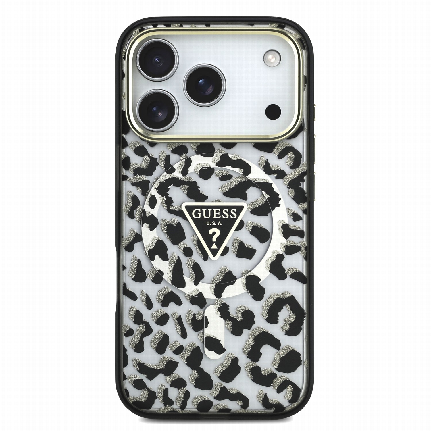 GUESS Калъф Apple iPhone 18 Pro Max/ 17 Pro Max, IML Glitter Leopard Triangle Logo MagSafe /черен/ - GUHMP18XHLEGTGLK