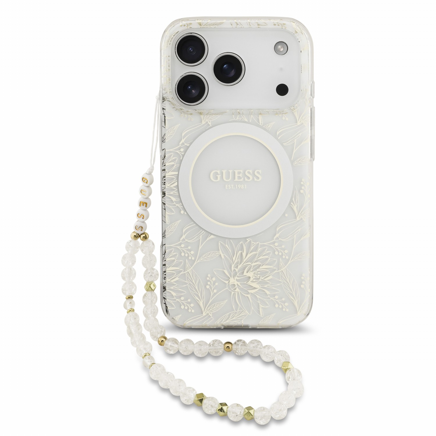 GUESS Калъф Apple iPhone 18 Pro, IML Flowers Allover MagSafe + Wrist Strap /бял/ - GUHMP18LHCPOFPH