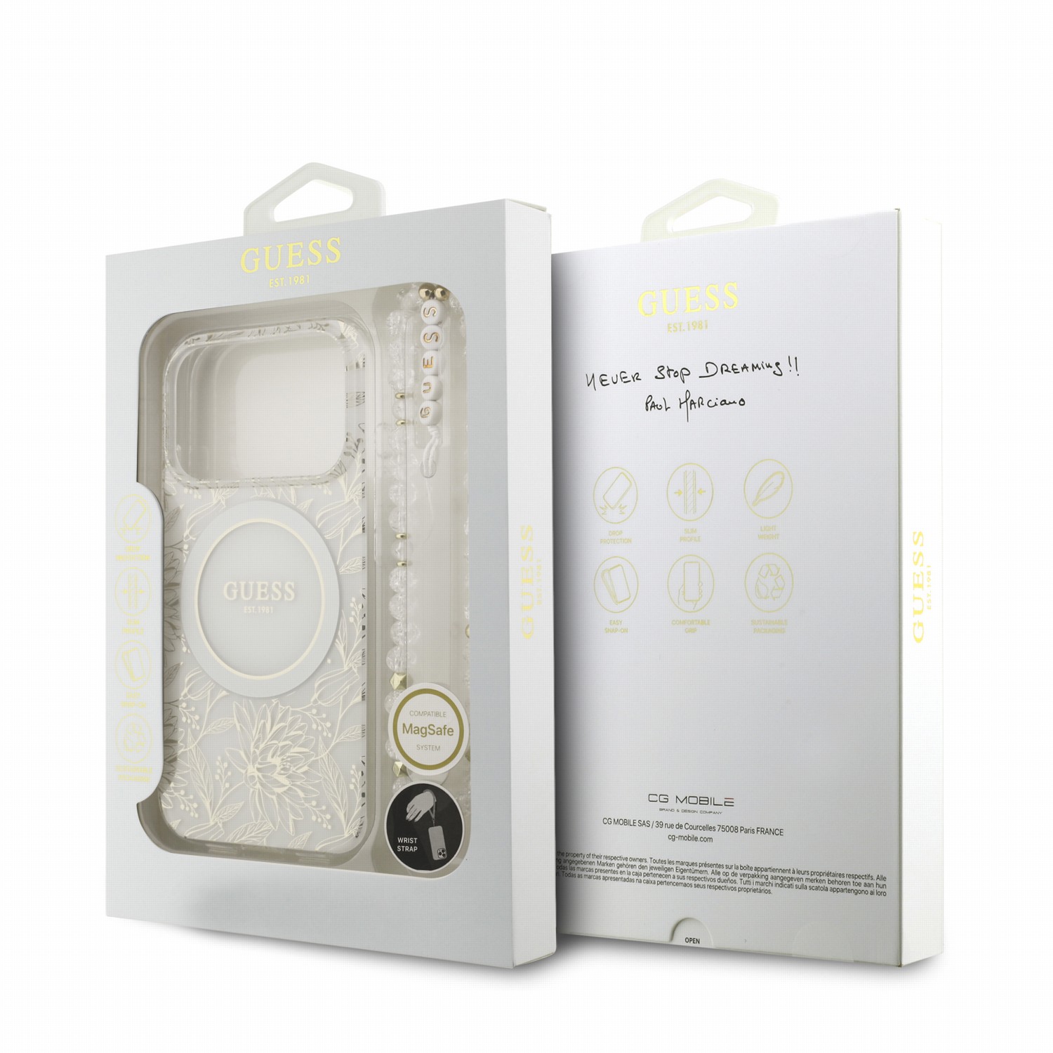 GUESS Калъф Apple iPhone 18 Pro Max, IML Flowers Allover MagSafe + Wrist Strap /бял/ - GUHMP18XHCPOFPH