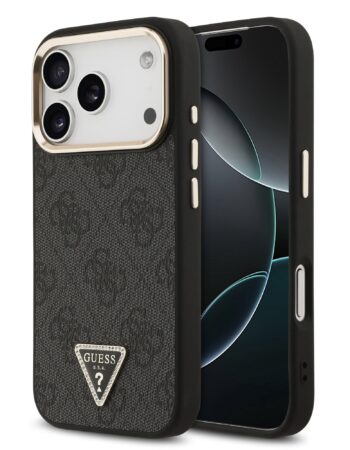 GUESS Калъф Apple iPhone 18 Pro, PU 4G Strass Triangle Logo Gold Frame MagSafe, черен - GUHMP18LP4GTDGMK