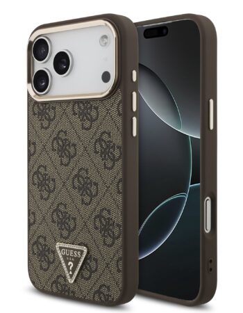 GUESS Калъф Apple iPhone 18 Pro, PU 4G Strass Triangle Logo Gold Frame MagSafe, кафяв - GUHMP18LP4GTDGMW