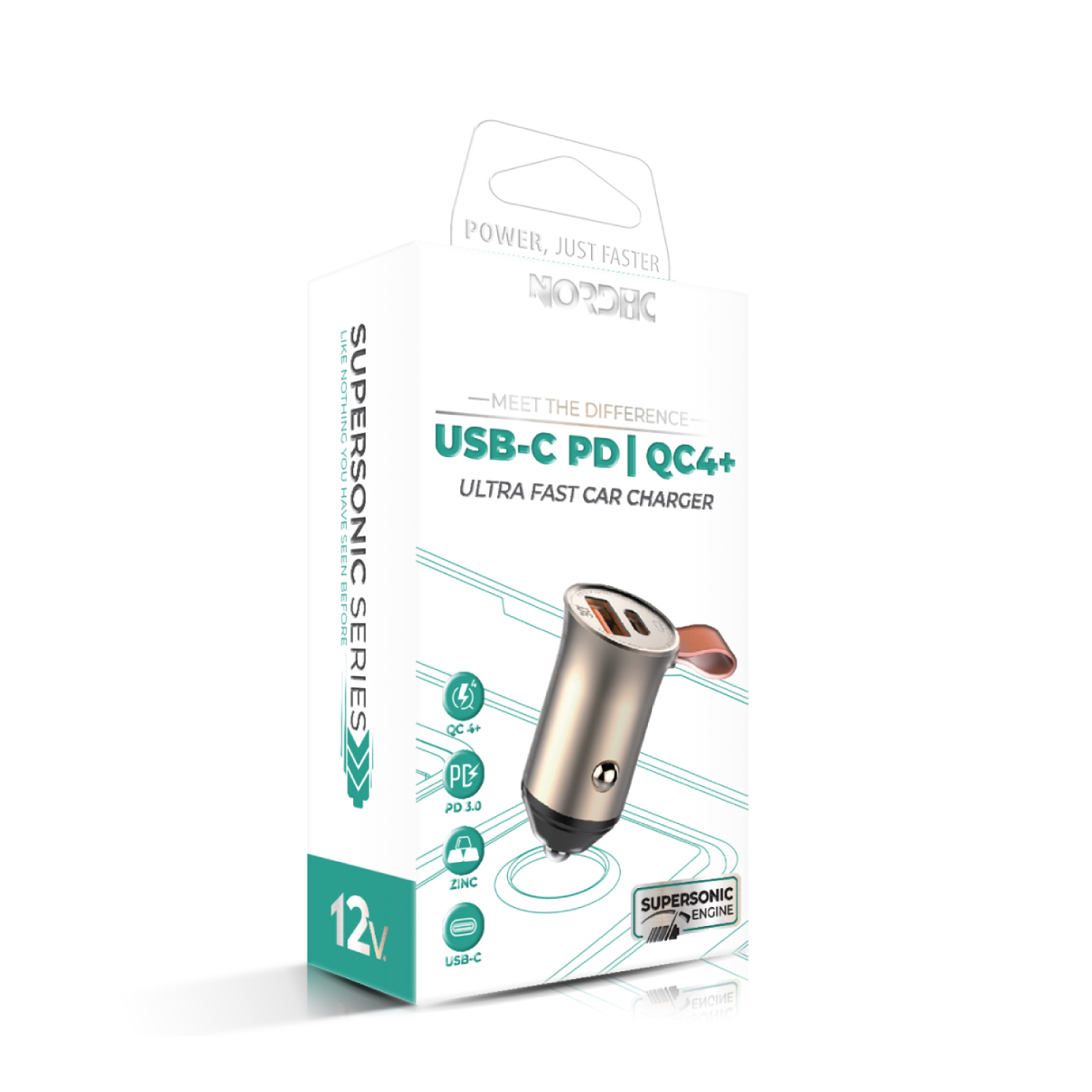 NORDIC 12V 30W, USB-A + USB-C, кабел C-L, Supersonic